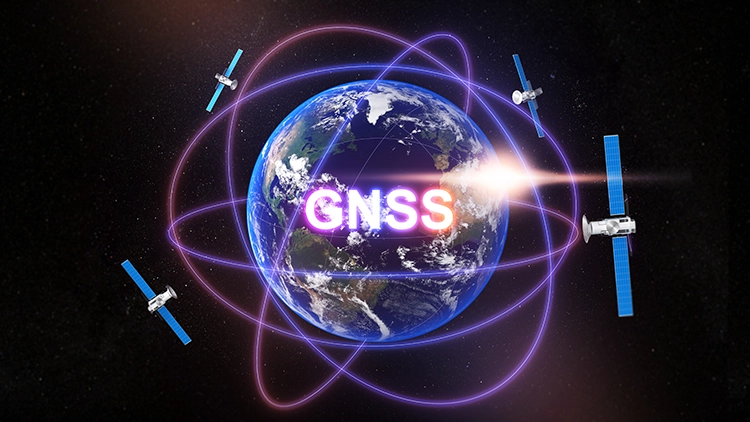 GNSS satellite navigation system with orbiting satellites around Earth providing global positioning and timing signals.