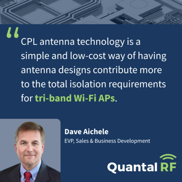 Graphic explaining CPL antenna technology for tri-band Wi-Fi access points with commentary from QuantalRF EVP Dave Aichele.