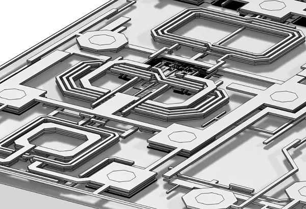 Grayscale rendering of custom RF integrated circuit architecture developed by QuantalRF.