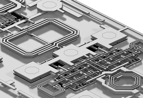 Technical illustration of WiFi RFEF semiconductor chip architecture for QuantalRF Elementum™ platform.