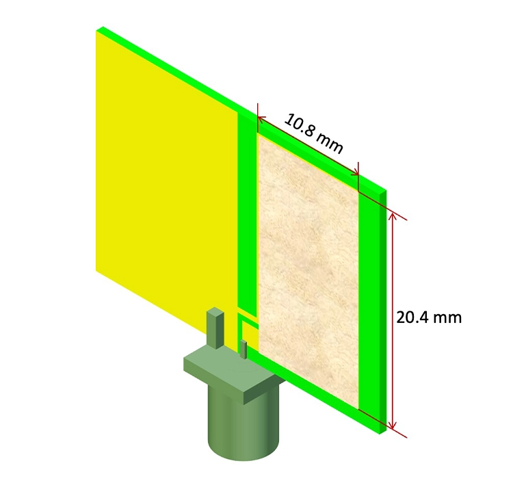 Diagram of QuantalRF DockOn CPL antenna QRC06020 with dimensions and board-mounted configuration.