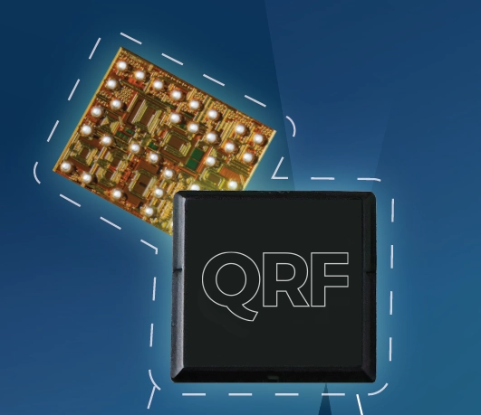 QuantalRF Wi-Fi FEM RF front-end IC showing compact integrated chip design for high-performance wireless applications.